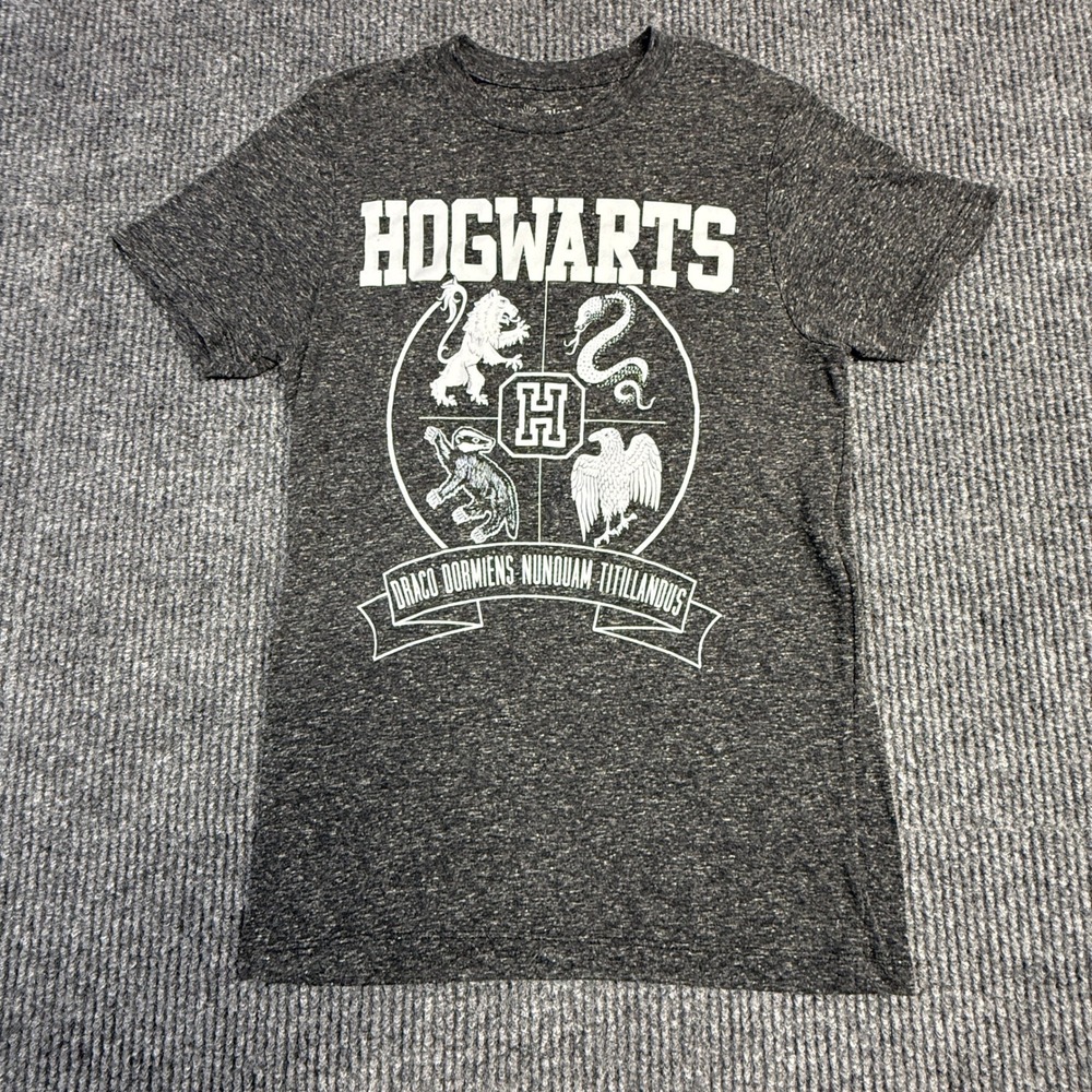 Harry Potter Hogwarts Crest Graphic T-Shirt Gray Linen Blend Mens Small S